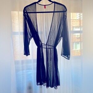 JOSIE NATORI Vintage Mesh Sheer Black Wrap Robe Sz L